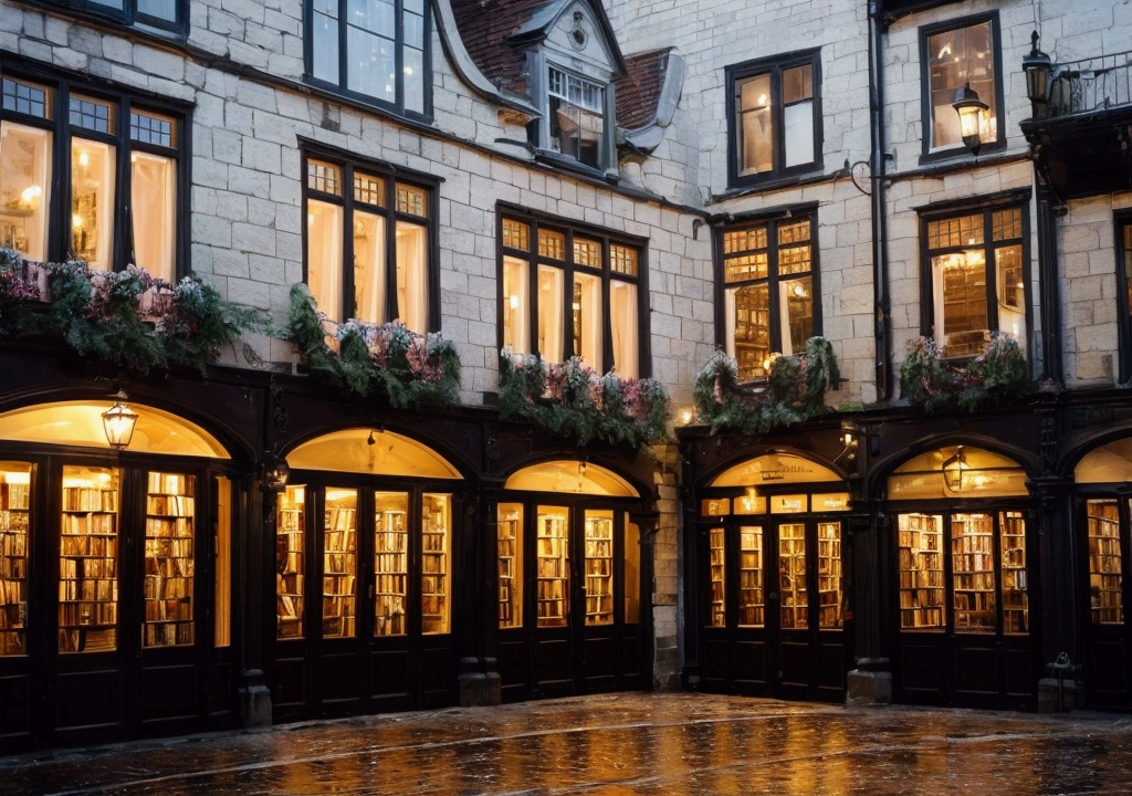 A highly realistic scene of a small, single-story, old and charming bookstore in a historic European town. The setting is during a rainy evening at dusk, with the sky overcast and the streets wet from the rain. The bookstore features a quaint wooden façade, large inviting windows, and a vintage sign hanging above the entrance. The surrounding cobblestone streets glisten under the soft glow of streetlights and lanterns. The nearby buildings showcase classic European architecture, with ivy-covered walls and detailed stonework, adding to the historic ambiance. The overall atmosphere is moody and enchanting, with a sense of history and mystery. No humans are present in the scene.