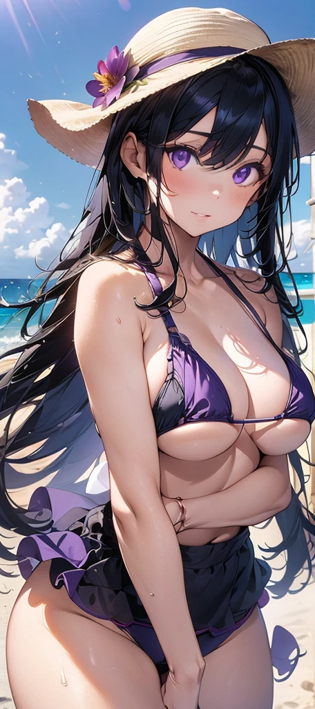 A beautiful woman with long purple hbright air, bikinis , detailed facial features, high quality, photorealistic, cinematic lighting, dramatic colors, Put on a few pieces of mat.,big breasts,beach,flower,hat,