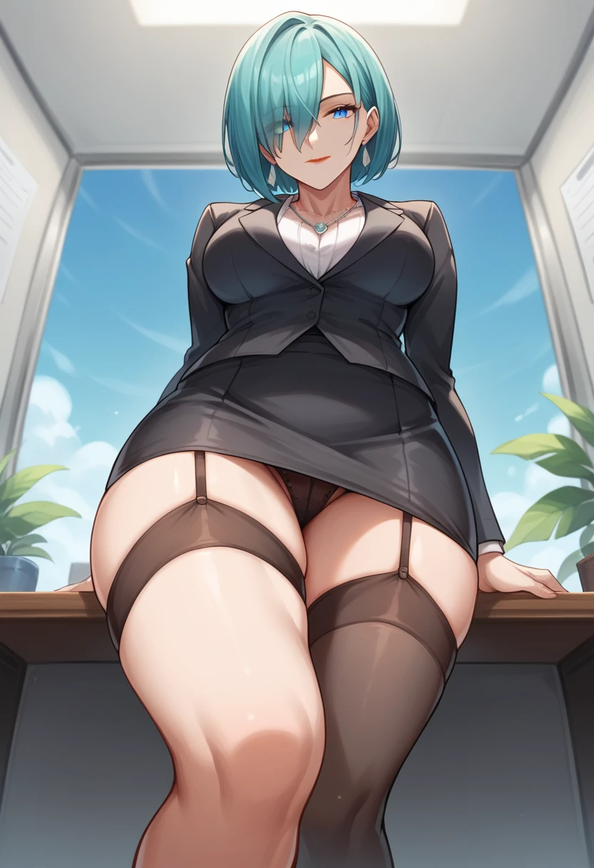 (masterpiece, best quality, high quality, highres, ultra-detailed), 1girl, bangs, bob cut, (bangs between eyes, hair cover one eye), blue eyes, (aqua hair), necklace, earrings, blue eyes, mature female, looking at viewer, mommy like body build, ocean on background, blue sky, older female, thick, red lipstick, thicc, medium breasts, extra wide hips, (black office suit, office skirt, black stocking, garter belt, looking directly at viewer, standing), from below angle view, light smile, thick thighs, hand on table, on office closed mouth, foot focus, toes, feet