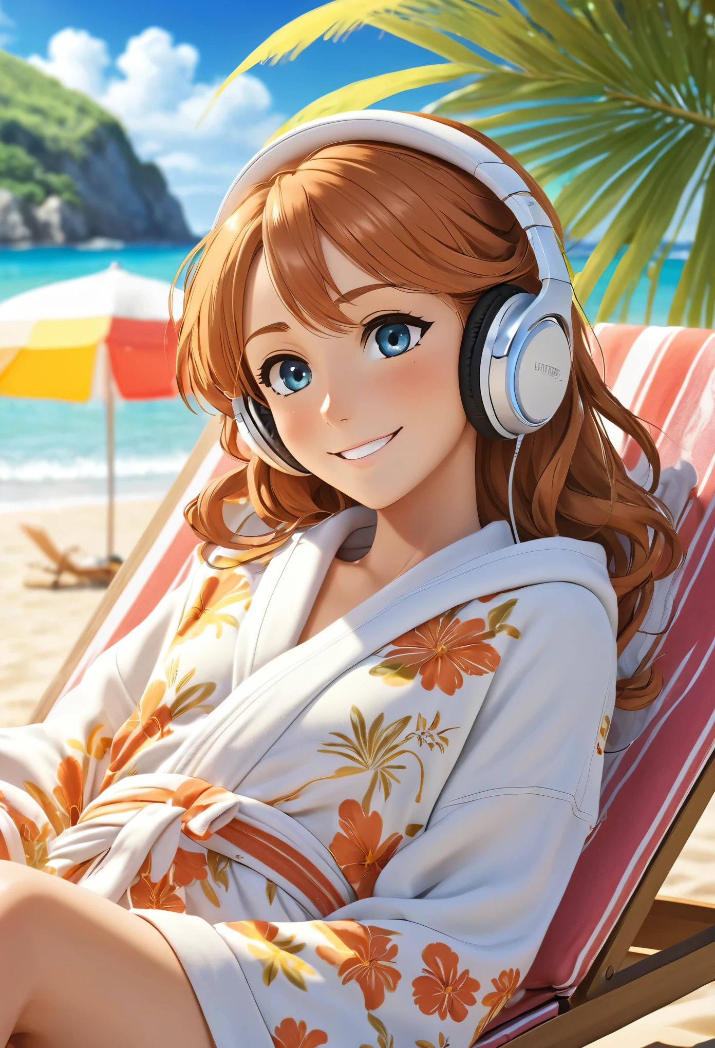 128k Bluray Extreme UHD 4K high quality image of anime At a beautiful summer resort, a woman is reclining on a sunbed. She is wearing headphones and listening to music, dressed in a wide opened Beach robes cardigan. She looks at me with a radiant smile