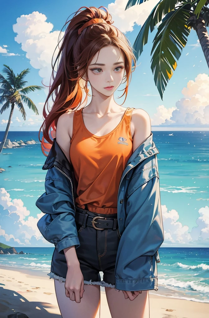 Very colorful, Pop feel, Blue sky, cumulonimbus, Palm Tree, アメリカWest Coast, California, Pasadena, Beach, Seaside, Summer image, sense of openness, Beautiful woman with orange ponytail, Very beautiful detailed eyes, Beautiful and delicate eyes, Around 25 years old, Red Tank Top, Wearing a jacket, stylish belt, Perfect tall model figure, Cool Beauty, West Coast, Shining summer memories, Anime drawing by Yang J, シティポップのお洒落なCD jacket, Art Station Trends, realism, extremely detailed The buds of art, Realistic anime 3D style, Anime Style 4 k, Up to the model | The buds of art, Anime Style. 8k, Casual clothing, Realistic anime art style, style The buds of art, Sharp contours, Highest quality, The perfect angle, Perfect composition, Perfect subject, Best Shot, Official Art,CD jacket, 80's City Pop, Stylish, Very stylish, Beautiful anime drawings inspired by Yanjun Chen, Trending on Art Station, realism, Anime Style 4 k, Anime Style. 8k, Realistic Anime 3D Style, Realistic anime art style, Beautiful digital anime illustrations, Style Anime, Gweiz-style artwork, Anime Style illustration, Very detailed and beautiful digital anime art