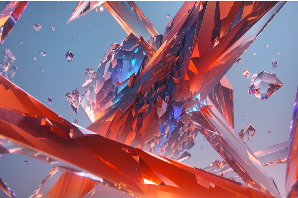 a shattered glass object with sharp edges, broken glass shards, ultra-detailed, hyper-realistic, 8k, dof, raytraced, crystal-like material, fractal crystals, volumetric lighting, cinematic lighting, chromatic aberration, depth of field, hyper-realistic, photorealistic, studio lighting, physically based rendering, cinematic, dramatic lighting, moody atmosphere, dark red and blue color palette, glass shards, highly detailed, incredible detail, lifelike, sharp focus, intricate details, super-realistic, stunning, vivid colors