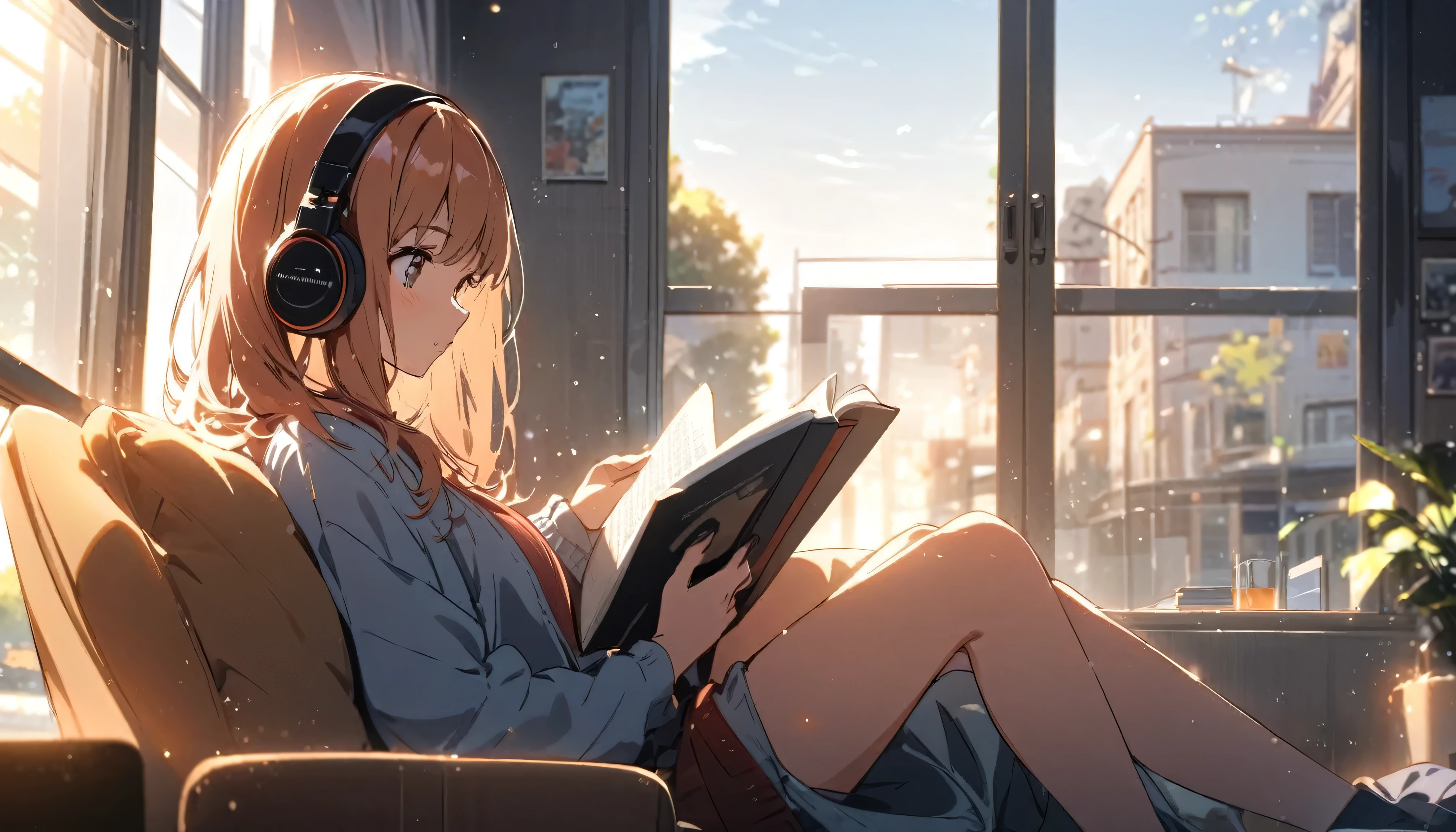 Girl sitting on sofa reading a book,In front of a large window,Morning sunlight,Streetscape、listen to music、