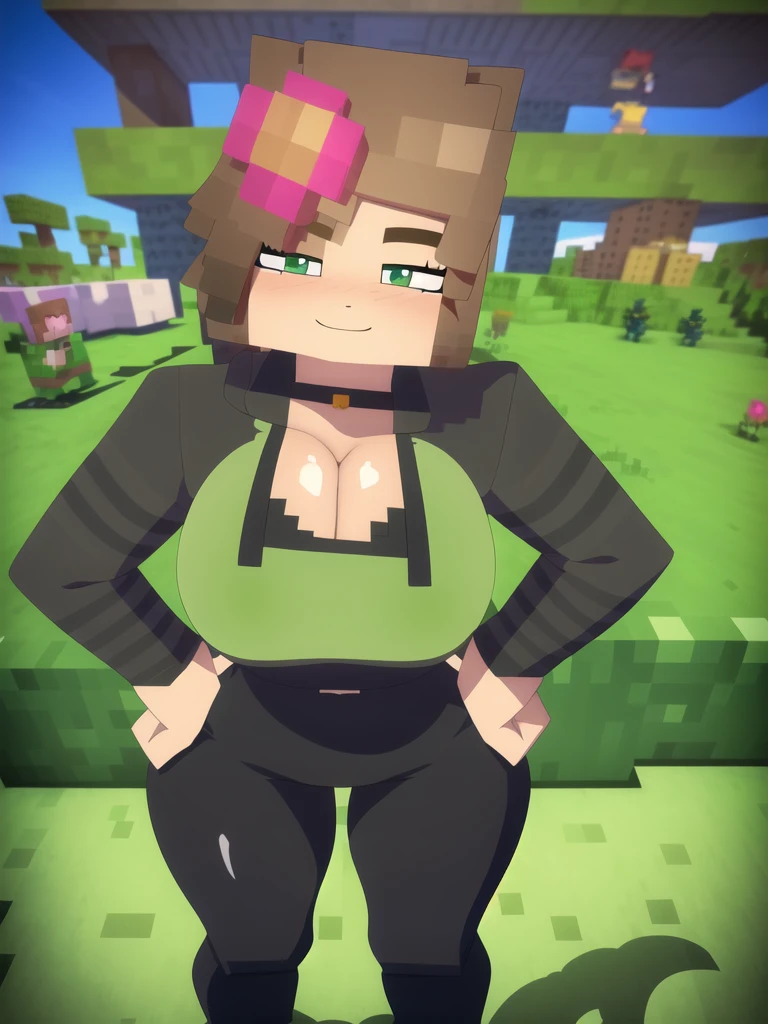1girl, solo, jenny, hair ornament, smile, hoodie, minecraft forest and gras blocky background, looking at viewer, hands on hips, upper body, big ass, big breasts, thick thighs, wide hips, cleavage,