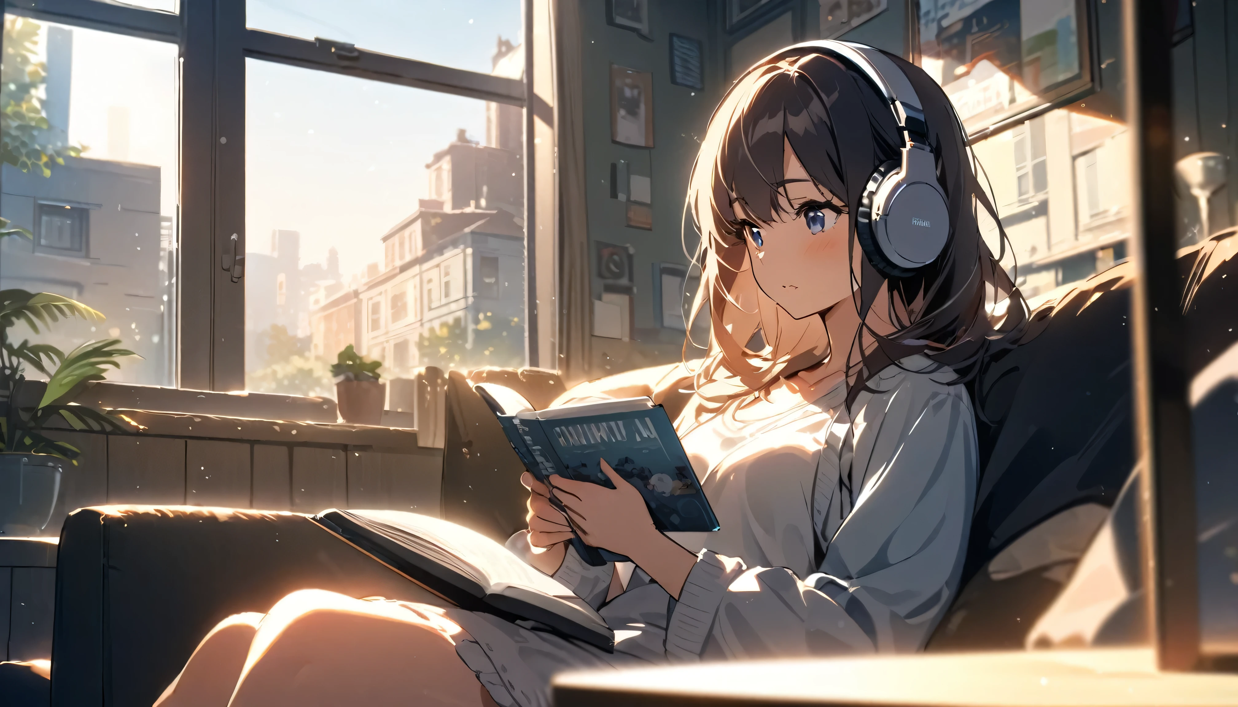 Girl sitting on sofa reading a book,In front of a large window,Morning sunlight,Streetscape、listen to music、