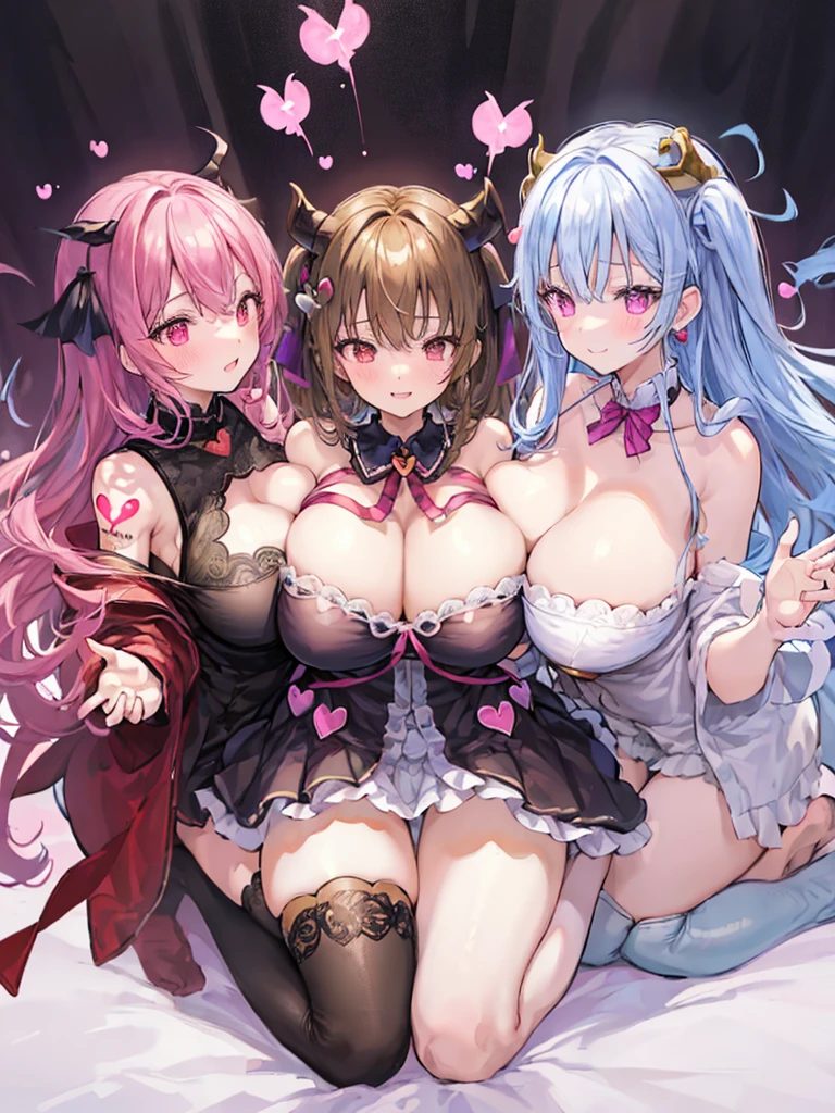 best quality, super fine, 16k, extremely detailed, delicate and dynamic, (3 women and 1 boy:1.4), cute woman,boy, baby face,black hair, pink eyes, A detailed eye, source_anime, high detail, hair ornament,smile, Young features, looking at viewer, (white background:1.3)fluffy hair, Elementary school girls,hair clips, Black Stockings,standing, underwear,age girl, belly button, skirt,beautiful illustrations, highest quality, pretty girl,beautiful girl, clear face, pastel colour ,blonde hair, smile, blush, にこやかなsmile, thighs,perfect hands, five fingereet,Three Succubi (symmetrical succubus wings), (triplets:1.2), (ribbon:1.1), tie, Bree, earrings, Suspicious face, alicious smile, Bruises and ugly facial features, young features, fluffy hair, (Open your mouth and laugh), Chiquita, Colossal tits, (Put your hands on your face), Ruffled uniforms, hair clips, (Ridicule:1.1), looking-down, Angle from behind, respected by women, (upward looking gaze:1.2), (hearts symbol:1.5), (lump of heart:1.5), (heart effect:1.5), (heart mark:1.5), demon tail, Devil's Taiuccubus, (super Colossal tits:1.3), (heart tattoo:1.3), Yodare, Devil's Tail, Chest Alignment, Girl Sandwich face sandwich (confused and blushing,kawaii facepose your ahegao), hug each other, catch them, そしてサンドイッチを作ってサンドイッチにhug each otherポーズ, (burying boy's face in cleavage:1.3), sandwich from front and back, Sullen expression 4p, boy looking away