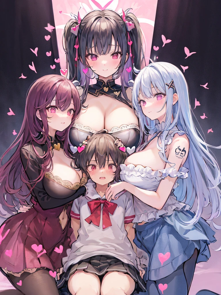 best quality, super fine, 16k, extremely detailed, delicate and dynamic, (3 women and 1 boy:1.4), cute woman,boy, ,black hair, pink eyes, A detailed eye, source_anime, high detail, hair ornament,smile, Young features, looking at viewer, (white background:1.3)fluffy hair, Elementarir clips, Black Stockings,standing, underwear,teenage girl, belly button, skirt,beautiful illustrations, highest quality, pretty girl,beautiful girl, clear face, pastel colour ,blonde hair, smile, blush, にこやかなsmile, thighs,perfect hands, five fingereet,Three Succubi (symmetrical succubus wings), (triplets:1.2), (ribbon:1.1), tie, Bree, earrings, Suspicious face, alicious smile, Bruises and ugly facial features, young features, fluffy hair, (Open your mouth and laugh), Chiquita, Colossal tits, (Put your hands on your face), Ruffled uniforms, hair clips, (Ridicule:1.1), looking-down, Angle from behind, respected by women, (upward looking gaze:1.2), (hearts symbol:1.5), (lump of heart:1.5), (heart effect:1.5), (heart mark:1.5), demon tail, Devil's Taiuccubus, (super Colossal tits:1.3), (heart tattoo:1.3), Yodare, Devil's Tail, Chest Alignment, Girl Sandwich face sandwich (confused and blushing,kawaii facepose your ahegao), hug each other, catch them, そしてサンドイッチを作ってサンドイッチにhug each otherポーズ, (burying boy's face in cleavage:1.3), sandwich from front and back, Sullen expression 4p, boy looking away