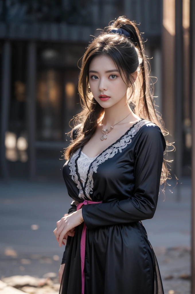 1 beautiful girl in Hanfu costume, ((black purple thin silk shirt nightgown with many patterns)), white lace nightgown, long platinum purple ponytail Hair, Jewelry, ear jewelry , necklace and necklace, carefully drawn big purple eyes, careful makeup, Thin eyebrows, high nose, beautiful red lips, no smile, pursed lips, pink cheeks, wide chest, big chest, proportional chest , slim waist, purple fishnet stockings, feet in white shoes, Chinese hanfu style, fictional art texture, many bright and realistic colors, RAW photos, Realistic photos, ultra-high quality 8k surreal photos tall, (effective fantasy lighting effect: 1.8), 10 x pixels, magic effect (Background): 1.8), super detailed eyes, full body portrait of girl, Chinese royal garden background , dynamic posture