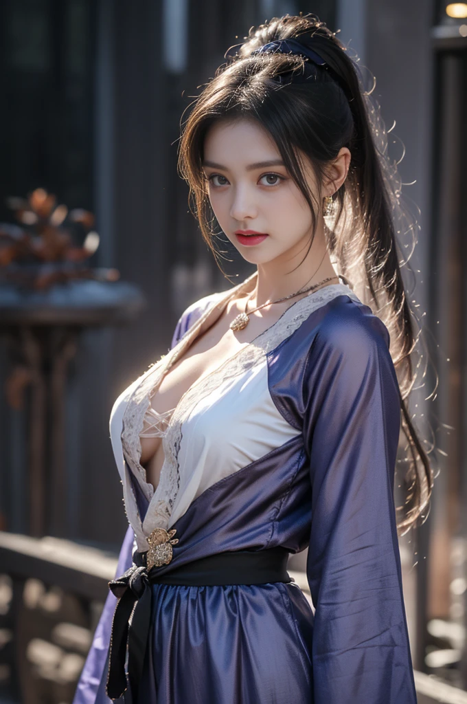 1 beautiful girl in Hanfu costume, ((black purple thin silk shirt nightgown with many patterns)), white lace nightgown, long platinum purple ponytail Hair, Jewelry, ear jewelry , necklace and necklace, carefully drawn big purple eyes, careful makeup, Thin eyebrows, high nose, beautiful red lips, no smile, pursed lips, pink cheeks, wide chest, big chest, proportional chest , slim waist, purple fishnet stockings, feet in white shoes, Chinese hanfu style, fictional art texture, many bright and realistic colors, RAW photos, Realistic photos, ultra-high quality 8k surreal photos tall, (effective fantasy lighting effect: 1.8), 10 x pixels, magic effect (Background): 1.8), super detailed eyes, full body portrait of girl, Chinese royal garden background , dynamic posture