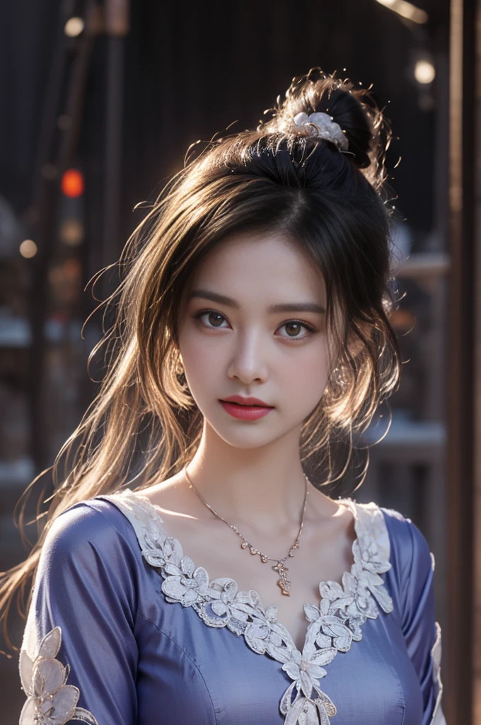 1 beautiful girl in Hanfu costume, ((black purple thin silk shirt nightgown with many patterns)), white lace nightgown, long platinum purple ponytail Hair, Jewelry, ear jewelry , necklace and necklace, carefully drawn big purple eyes, careful makeup, Thin eyebrows, high nose, beautiful red lips, no smile, pursed lips, pink cheeks, wide chest, big chest, proportional chest , slim waist, purple fishnet stockings, feet in white shoes, Chinese hanfu style, fictional art texture, many bright and realistic colors, RAW photos, Realistic photos, ultra-high quality 8k surreal photos tall, (effective fantasy lighting effect: 1.8), 10 x pixels, magic effect (Background): 1.8), super detailed eyes, full body portrait of girl, Chinese royal garden background , dynamic posture
