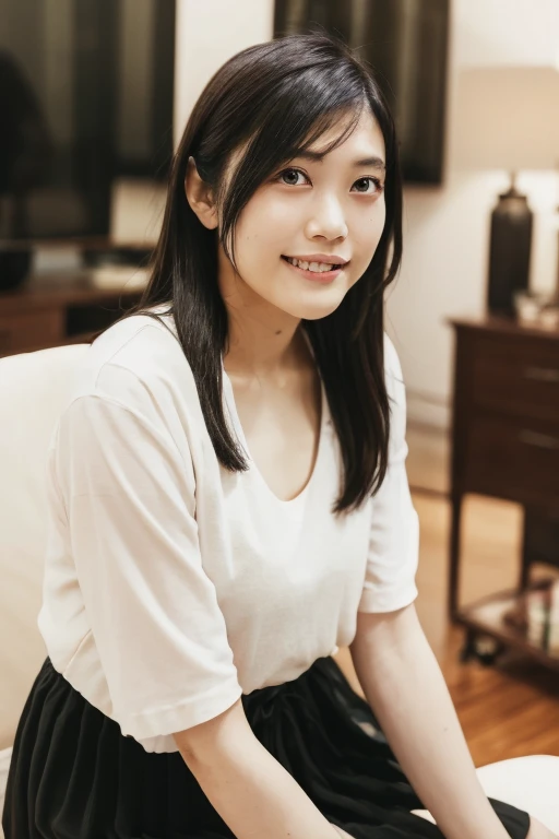 japanese woman、Stylish living room、sitting on the sofa、realistic pictures、High definition skin、beautiful woman、25 years old、beautiful clavicle、beautiful thighs、、smile、no makeup、shirt、pleated mini skirt、beautiful eyes、Beautiful mouth、long hair、brown hair、beautiful hair