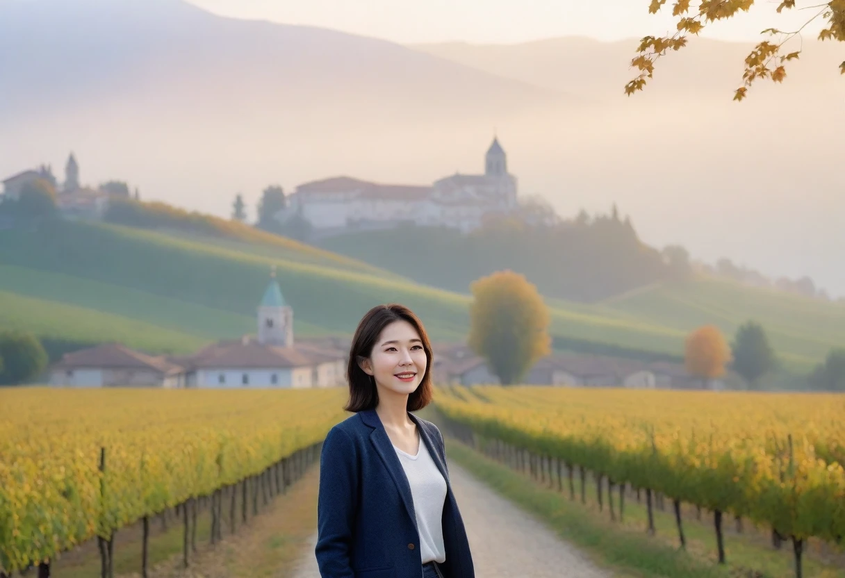 8k best picture quality, Beautiful 36-year-old Korean woman, Chest size 34 inches, Dawn in the early autumn countryside in northern Italy, View of the cathedral next to the vineyards, The back background is realistic and vivid quality., short medium hair, shirts and cardigans, Wear casual pants, Smile slightly. the background is clear, look up to the side., Looking at the vineyards covered in thick fog from the tree-lined path on the hill.