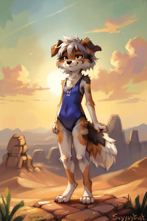 High quality, 8K, by kenket, ((by swaybat, by reysi, by Hioshiru)), Furry, Anthro, solo, ((australian shepard)), ((female)), (slender), ((young)), ((fluffy tail)), floppy ears, ears down, short white hair, small breasts, short, chest fluff, ribs, modest one piece swimsuit, smug, sneer, erotic, desert
