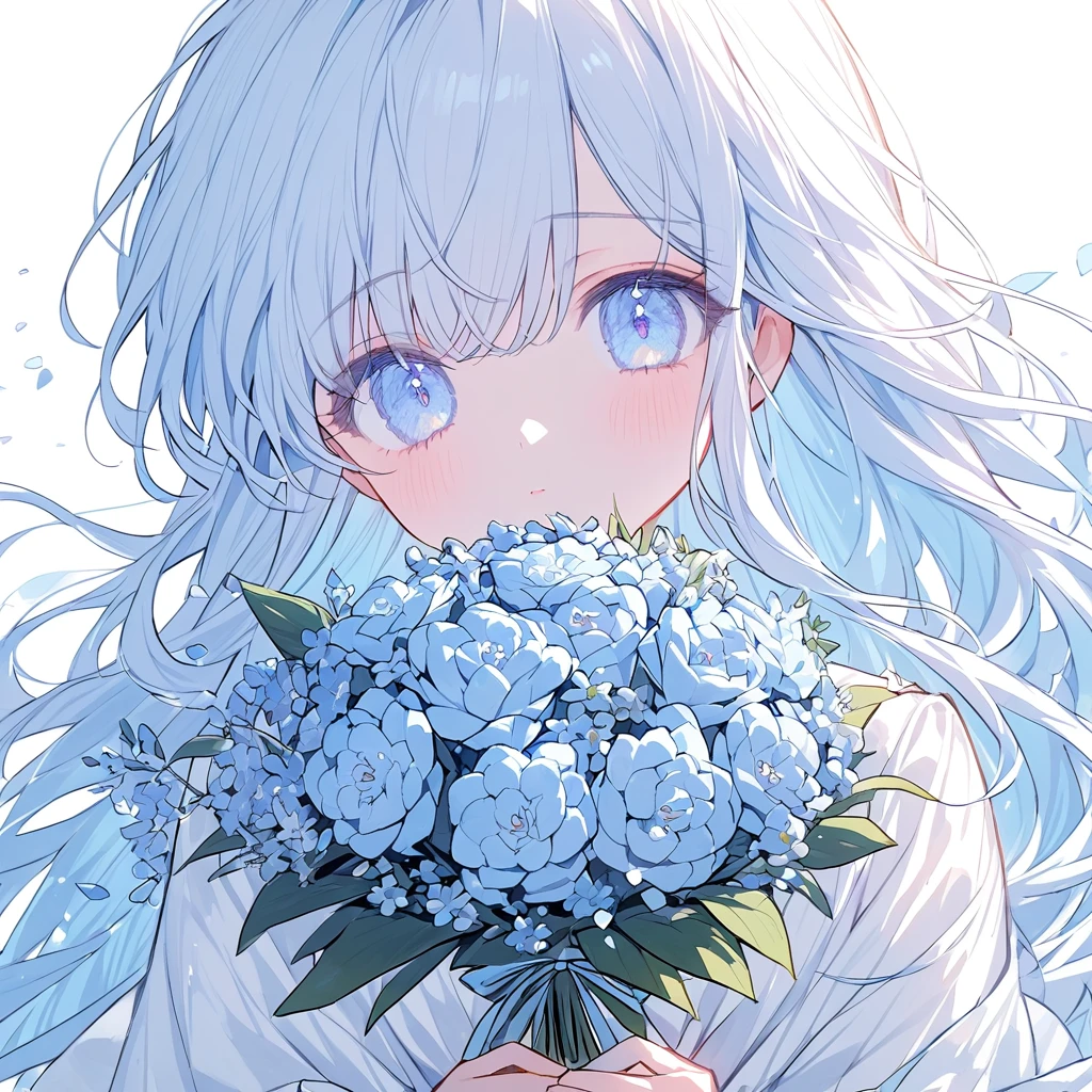 Soft lines、girl、light blue、((((hold light blue Bouquet))))、💐💐💐💐💐💐💐💐💐💐💐、Upper Body、Long Hair、White dress、White background、front、Look at me