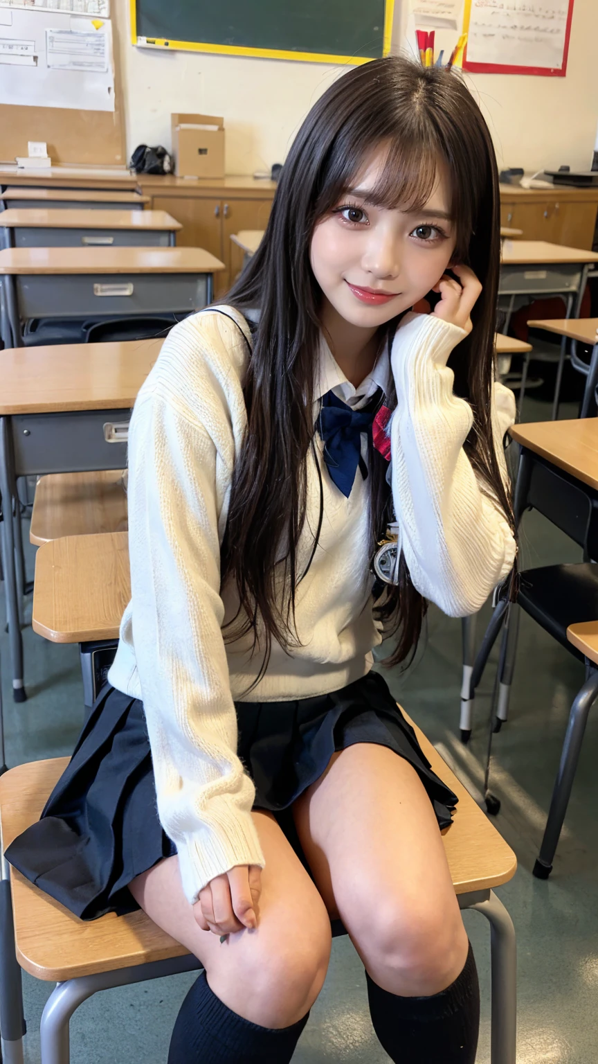 ((masterpiece, Highest quality)),Best aesthetics,One Girl, , mechanical, Sitting, school mechanical, Black hair straight, classroom, Long Hair, indoor, Chair, View your audience, :p, Focus Only, Brown eyes, mini skirt, Long sleeve, pencil, 1 boy, pencil case, paper, Black Seraphim, Multiple Girls, Pleated skirt, Sailor collar, bangs, Headrest, school bag, school Chair,smile,,Knee-high socks