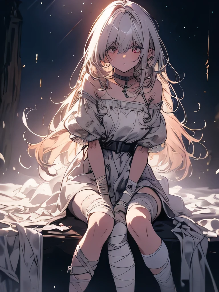 (Confused, High resolution, Very detailed), 1 female, Silver Hair, Long Hair, golden left eye and purple right eye, heterochromia, White patient gown, Appearance of the injury,24th generation, beauty, mature, thin, quiet, Calm, Sitting on a medical bed, Bandage on right arm, hospital, was injured, bandage, Pain々Shii, bandage on arms, bandages on legs, perfect proportions, perfect hands, night