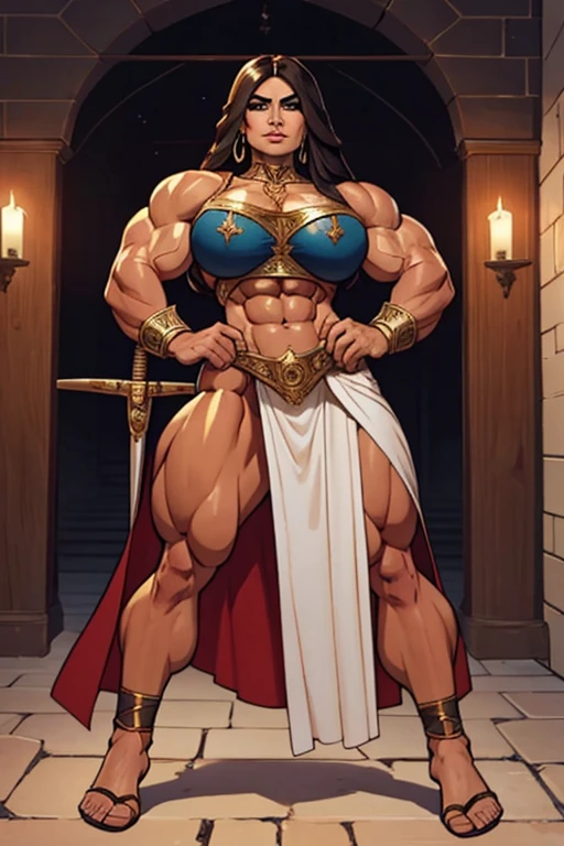 fullbody view, (((muscular))) beautiful persian woman, long dark hair, woman in medieval setting, wearing ornate cloth, warrior woman with a curved sword, perfect and flawless musculature, bulky and powerful bodybuilder physique