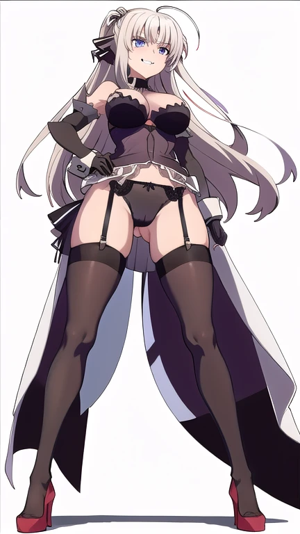 prison, ((((from below)))), looking down, facing viewer, front view, ((full body)), femdom, dominatrix, ((foot focus)), ((looking at viewer)), female standing, evil grin, ((bare shoulders)), ((black bustier)), ((black stockings)), ((black g-string)), ((black high heels)), ((black garter belt)), ((black elbow gloves)), 独奏,
One girl, Long Hair, Purple eyes, chest, Ahoge, very Long Hair, large breasts, ribbon, hair ribbon, ponytail, bangs,