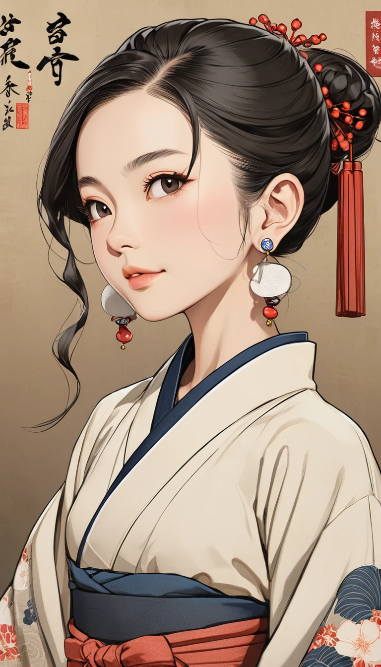 (masterpiece, Highest quality:1.2), One girl, alone,bony body、、Earrings、Edo Period、Caricature style