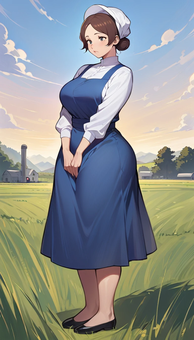 1woman, adult amish woman, 40 years old, pale skin, long sleeved blue dress, small black apron over her  blue dress, full body shown, very short brown hair in a conservative sleek bun, white bonnet kapp, wide hips, thick thighs, wearing simple black flats, thick legs, slightly below the knee dress, slight face wrinkles, tight sleeves, standing upright in a farm field, no makeup, hands on lap, side view, aged face, busty, hourglass body figure, rosy cheeks