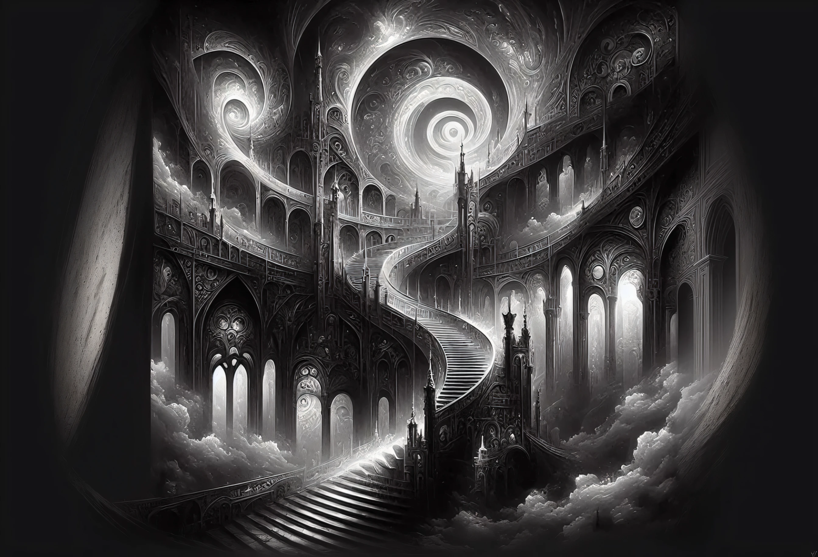 a black and white image of a staircase leading to a castle, Symmetrical epic fantasy art, highly detailed dark art, surreal black fantasy, a sinister fantasy illustration, surreal dark art, dark fantasy art, Intricate and epic composition, black fantasy style art, black fantasy artwork, gothic fantasy art, black fantasy. Intricate, black fantasy illustration, Intricate fantasy painting