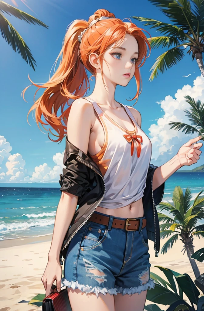 Very colorful, Pop feel, Blue sky, cumulonimbus, Palm Tree, アメリカWest Coast, California, Pasadena, Beach, Seaside, Summer image, sense of openness, Beautiful woman with orange ponytail, Very beautiful detailed eyes, Beautiful and delicate eyes, Around 25 years old, Red Tank Top, Wearing a jacket, stylish belt, Perfect tall model figure, Cool Beauty, West Coast, Shining summer memories, Anime drawing by Yang J, シティポップのお洒落なCD jacket, Art Station Trends, realism, extremely detailed The buds of art, Realistic anime 3D style, Anime Style 4 k, Up to the model | The buds of art, Anime Style. 8k, Casual clothing, Realistic anime art style, style The buds of art, Sharp contours, Highest quality, The perfect angle, Perfect composition, Perfect subject, Best Shot, Official Art,CD jacket, 80's City Pop, Stylish, Very stylish, Beautiful anime drawings inspired by Yanjun Chen, Trending on Art Station, realism, Anime Style 4 k, Anime Style. 8k, Realistic Anime 3D Style, Realistic anime art style, Beautiful digital anime illustrations, Style Anime, Gweiz-style artwork, Anime Style illustration, Very detailed and beautiful digital anime art