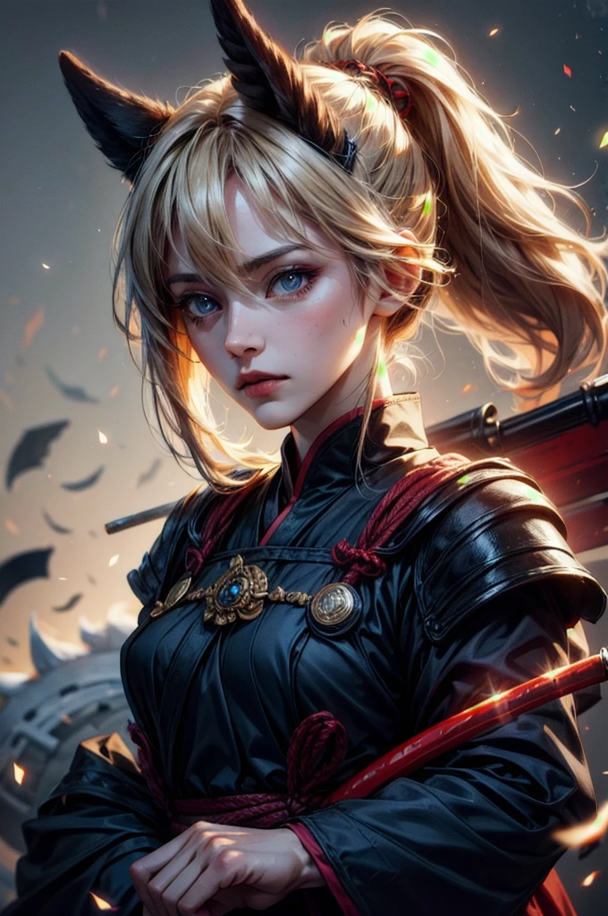 (absurdres, highres, ultra detailed), clean detailed anime art, perfect eyes, mature female, blond hair, long hair, pony tail, yellow eyes, white skin, samurai, blood on clothes, katana, sheath, katana on sheath, after battle, day, battlefield
