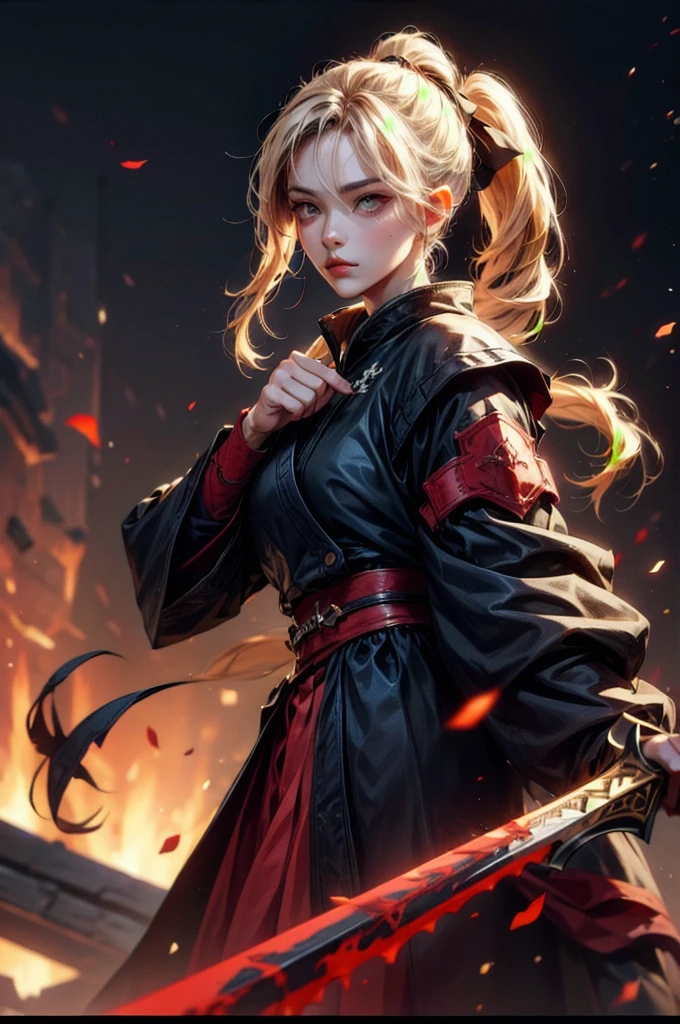 (absurdres, highres, ultra detailed), clean detailed anime art, perfect eyes, mature female, blond hair, long hair, pony tail, yellow eyes, white skin, samurai, blood on clothes, katana, sheath, katana on sheath, after battle, day, battlefield