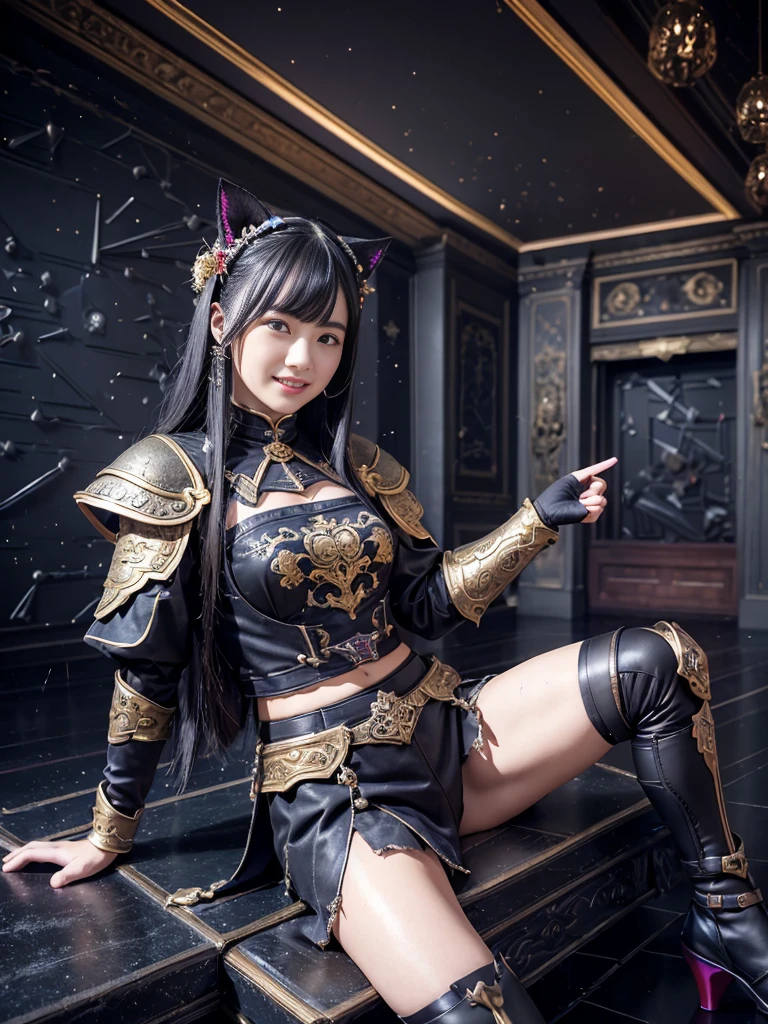 Realistic photos、18-year-old、Beauty、Two Girls、(Realistic Skin:1.5)、Western Pavilion、Fantasy World、(Dark Room:1.8)、(Sit on a chair、Spread your legs、Thighs、Floating fireball、blue fireball、Woman staring at a fireball)、shadow、dramatic、Impressive movie、slender、Full body photo、Multicolored Armor、Detailed ornamental armor、Woman warrior、Boss character、Tight waist、Metal Hair Ornament、Black Hair、Straight hair、bangetal cat ears、A fearless smile、Perfect white teeth、Highest quality、High resolution、(masterpiece)、Professional photos、8k resolution、Intricate details、Physically Based Rendering、8k wallpaper、