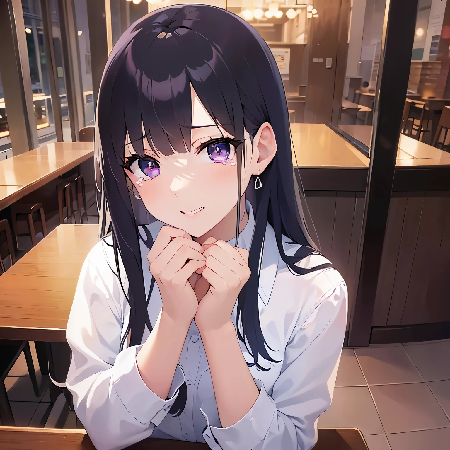 Shooting from above、hands on own face, looking up, Upper Body, Realistic, real person, (pale skin: 1.2), RAW photo, photorealistic, shiny skin, shiny hair、(A 25-year-old woman with straight hair and bangs) and (medium hair) and (black hair) and (purple eyes) , (white collared shirt)、(tears:1.3), smile, The background is the interior of a restaurant at night.、Alone、Are standing