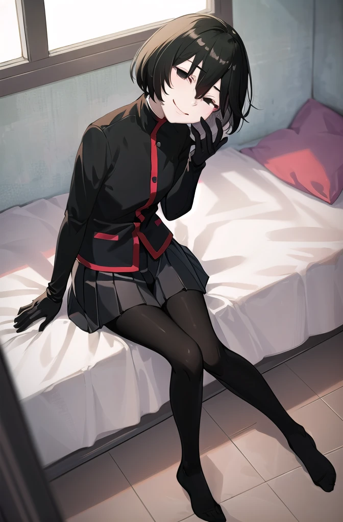 (masterpiece,Highest quality, detailed), One girl, alone, indoor, bed, Sitting, Half-closed eyes, smile, Mouth closed, whole body, Tilt your head, From above, View your viewers,
Oshino Ougi, gakuran, Black gloves, Black jacket, Pleated skirt, Black Pantyhose, No shoes