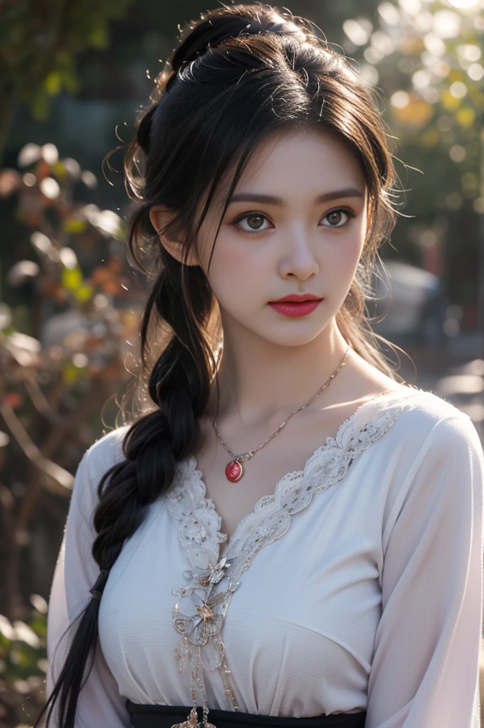 1 beautiful girl in Hanfu costume, ((black purple thin silk shirt nightgown with many patterns)), white lace nightgown, long platinum purple ponytail Hair, Jewelry, ear jewelry , necklace and necklace, carefully drawn big purple eyes, careful makeup, Thin eyebrows, high nose, beautiful red lips, no smile, pursed lips, pink cheeks, wide chest, big chest, proportional chest , slim waist, purple fishnet stockings, feet in white shoes, Chinese hanfu style, fictional art texture, many bright and realistic colors, RAW photos, Realistic photos, ultra-high quality 8k surreal photos tall, (effective fantasy lighting effect: 1.8), 10 x pixels, magic effect (Background): 1.8), super detailed eyes, full body portrait of girl, Chinese royal garden background , dynamic posture