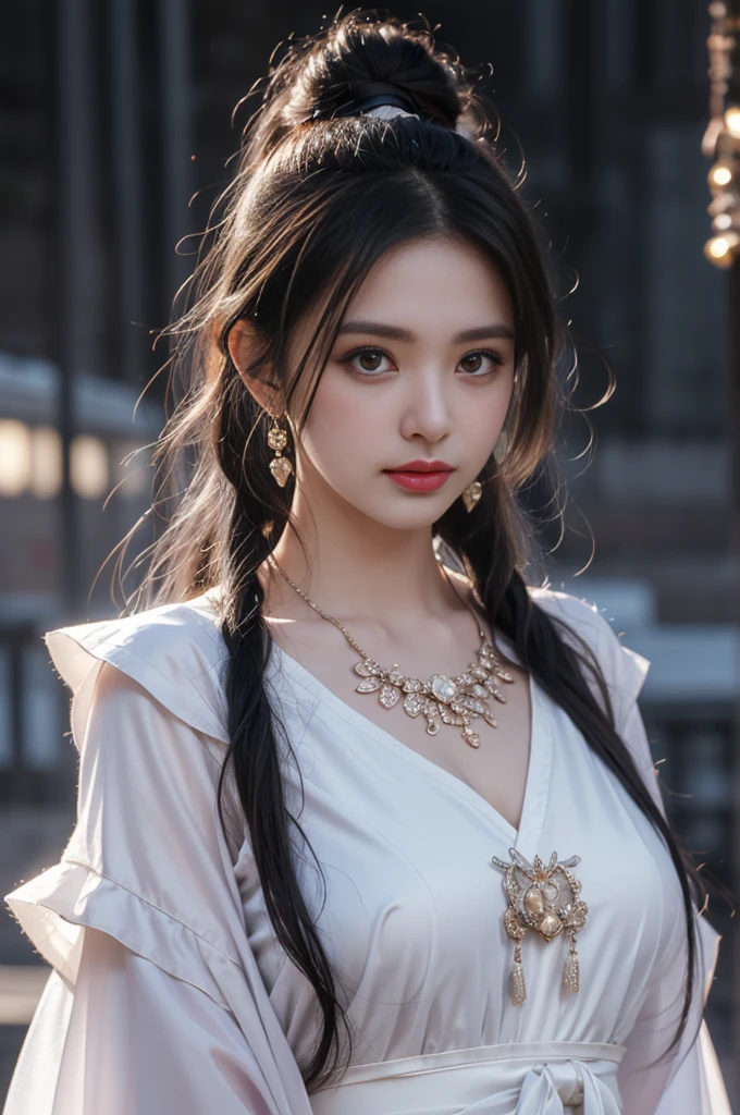 1 beautiful girl in Hanfu costume, ((black purple thin silk shirt nightgown with many patterns)), white lace nightgown, long platinum purple ponytail Hair, Jewelry, ear jewelry , necklace and necklace, carefully drawn big purple eyes, careful makeup, Thin eyebrows, high nose, beautiful red lips, no smile, pursed lips, pink cheeks, wide chest, big chest, proportional chest , slim waist, purple fishnet stockings, feet in white shoes, Chinese hanfu style, fictional art texture, many bright and realistic colors, RAW photos, Realistic photos, ultra-high quality 8k surreal photos tall, (effective fantasy lighting effect: 1.8), 10 x pixels, magic effect (Background): 1.8), super detailed eyes, full body portrait of girl, Chinese royal garden background , dynamic posture