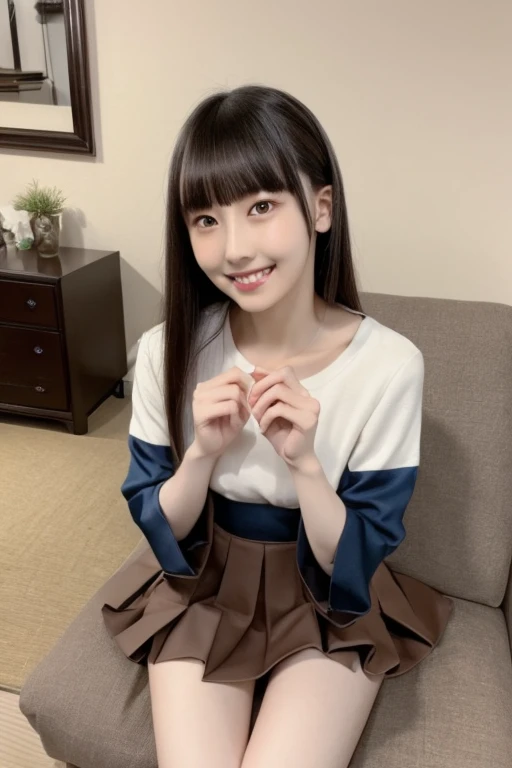 japanese woman、Stylish living room、sitting on the sofa、realistic pictures、High definition skin、beautiful woman、25 years old、beautiful clavicle、beautiful thighs、、smile、no makeup、shirt、pleated mini skirt、beautiful eyes、Beautiful mouth、long hair、brown hair、beautiful hair