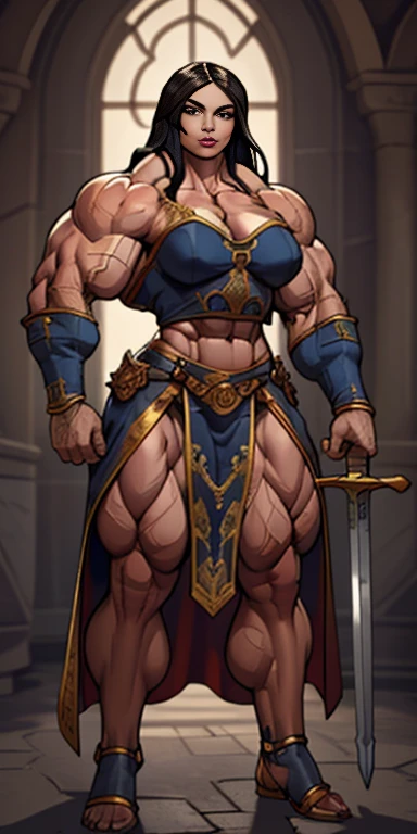 fullbody view, (((muscular))) beautiful persian woman, long dark hair, woman in medieval setting, wearing ornate cloth, warrior woman with a curved sword, perfect and flawless musculature, bulky and powerful bodybuilder physique