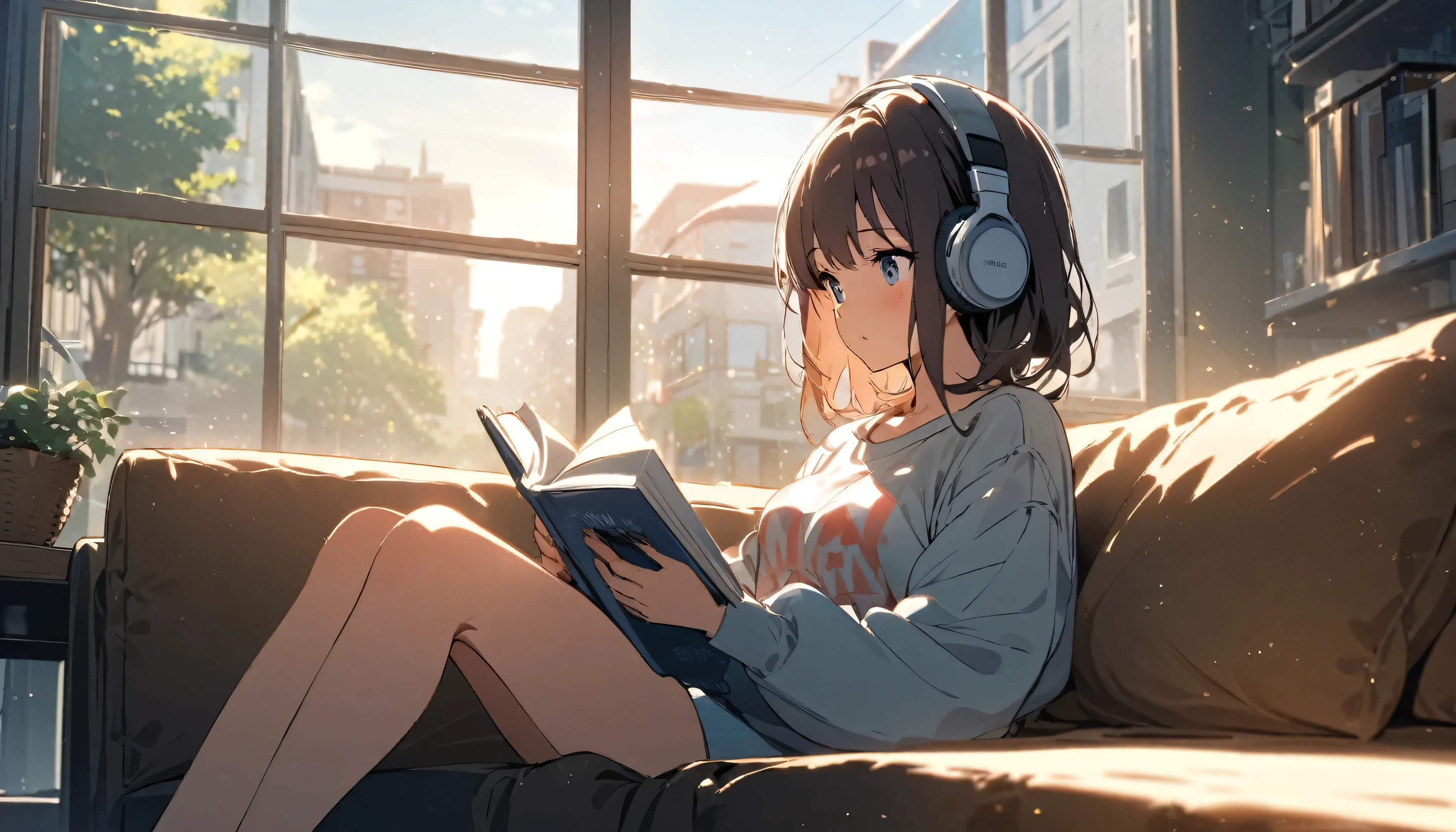 Girl sitting on sofa reading a book,In front of a large window,Morning sunlight,Streetscape、listen to music、