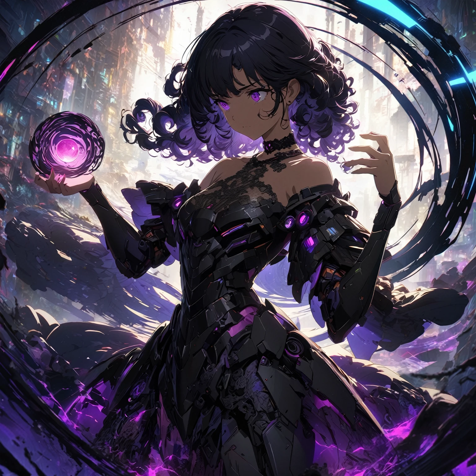 A young woman with dark, curly hair, wearing a black, off-shoulder dress with lace and intricate details, (nude:0.9), a choker necklace, elements of cyberpunk, and sci-fi fashion, mechanical details, futuristic outfit, high-tech fashion, standing in a mysterious environment with a glowing, swirling purple and black aura, holding a glowing purple orb in her left hand, with energy swirling around her, casting dramatic shadows, and a soft backlight illuminating her figure, detailed gorgeous face| anime style| key visual| intricate detail| highly detailed| breathtaking| vibrant| panoramic| cinematic| Carne Griffiths| Conrad Roset| gibbli 8k