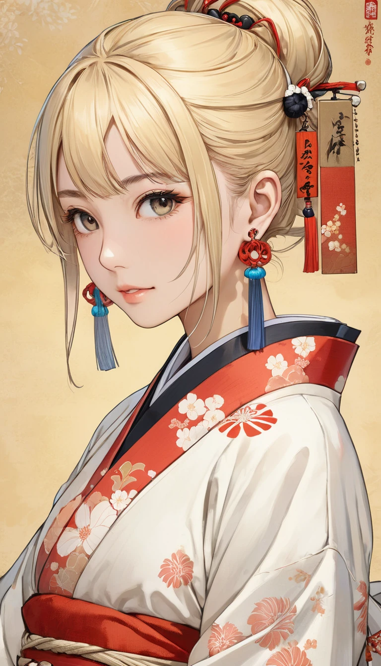 (masterpiece, Highest quality:1.2), One girl, alone,bony body、15 years old、Earrings、Blonde、Edo Period、Hanafuda style