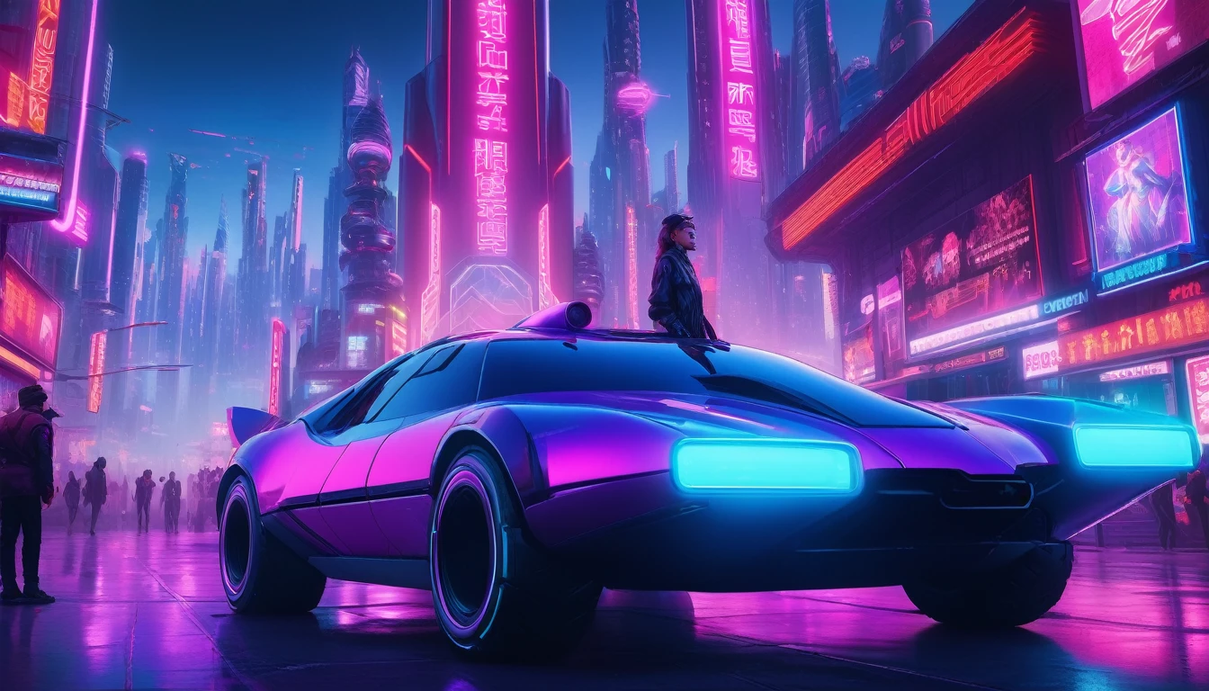 The image portrays a futuristic cityscape with towering, neon-lit skyscrapers, blending elements of Soviet architecture with cyberpunk aesthetics. The sky is filled with a vibrant gradient of purple and blue hues, typical of synthwave art. A large digital billboard displays Soviet propaganda posters reimagined with a neon glow. In the foreground, a character dressed in retro-futuristic attire, including a leather jacket with LED lights and a high-tech visor, stands next to a sleek, hovering vehicle. The streets are bustling with robotic vendors and citizens wearing a mix of traditional Soviet clothing and cyberpunk accessories. The overall vibe is a striking mix of nostalgia and futuristic technology, bathed in a neon glow.