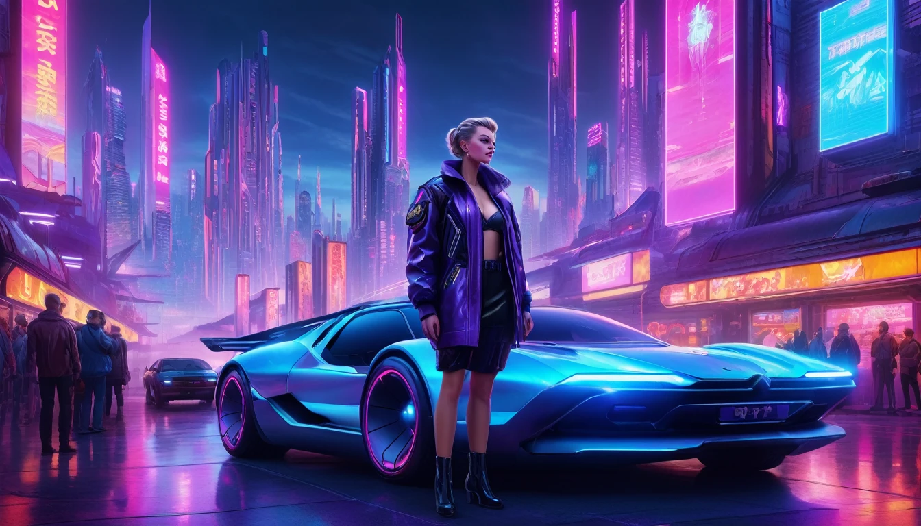 The image portrays a futuristic cityscape with towering, neon-lit skyscrapers, blending elements of Soviet architecture with cyberpunk aesthetics. The sky is filled with a vibrant gradient of purple and blue hues, typical of synthwave art. A large digital billboard displays Soviet propaganda posters reimagined with a neon glow. In the foreground, a character dressed in retro-futuristic attire, including a leather jacket with LED lights and a high-tech visor, stands next to a sleek, hovering vehicle. The streets are bustling with robotic vendors and citizens wearing a mix of traditional Soviet clothing and cyberpunk accessories. The overall vibe is a striking mix of nostalgia and futuristic technology, bathed in a neon glow.