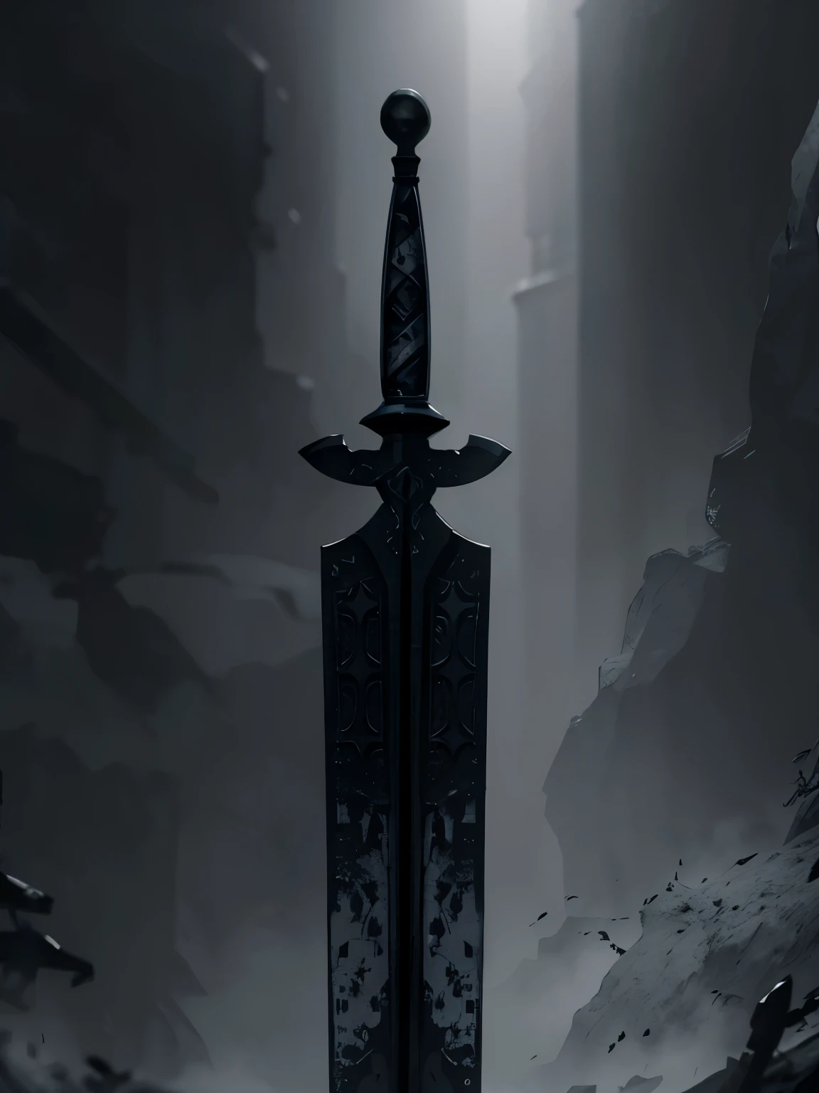 there is a black and grey image of a sword with a cross theme, sword design, an evil sword, black iron sword, rustic medieval sword, sword with rustic and horror design, rustic texture, manga style, anime style image, white background, plain white background