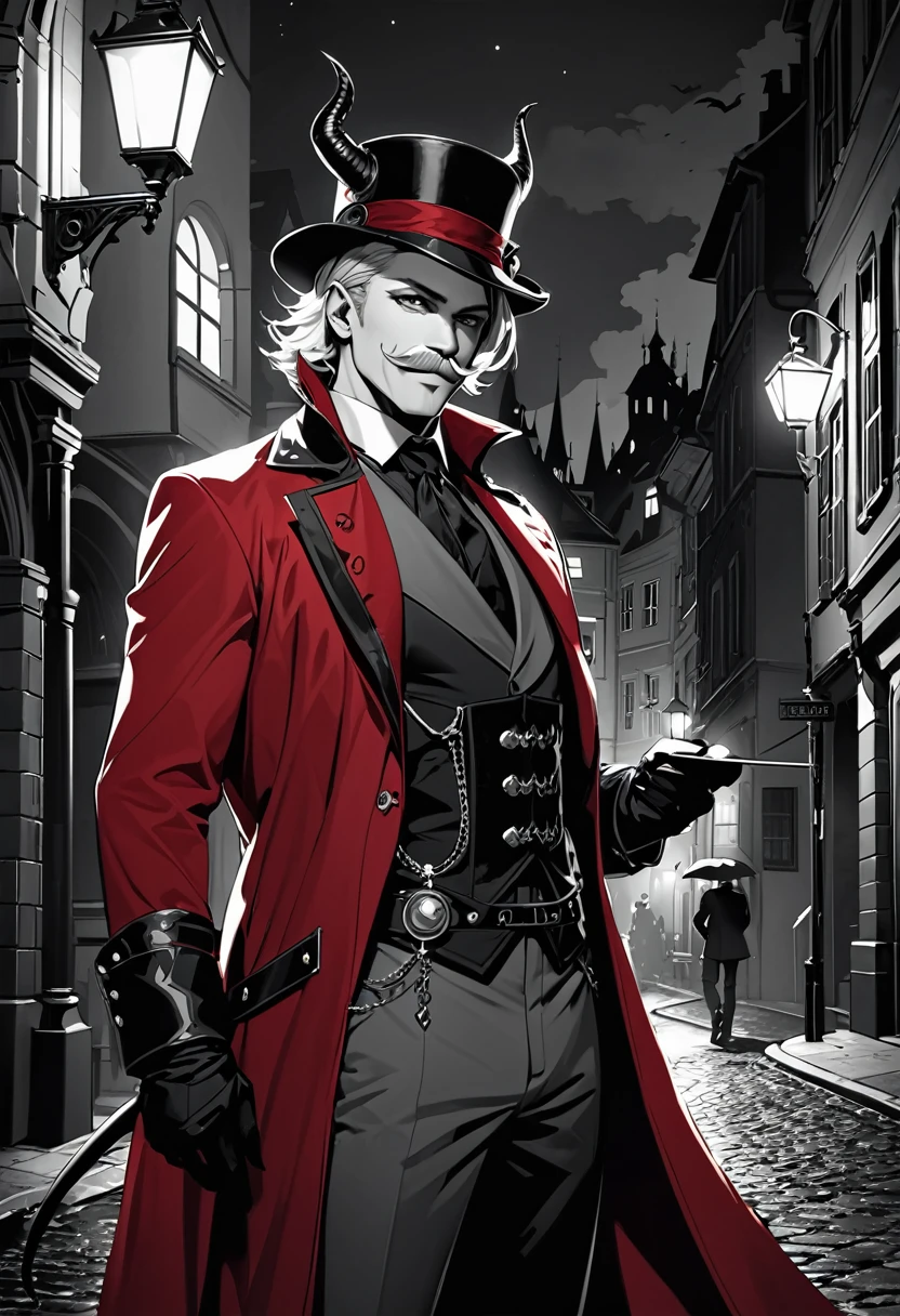 (masterpiece, best quality,ultra highres),male old Devil,silver hair,Devil in a red bowler hat,(devil horns),Mustache,Red mantle,Lizard-like gray tail,thin body,posing,nihil  smile,Devil Deceiver,europe at night,He is illuminated by the streetlight,monochrome with Splash Color,eerie atmosphere, absurdres, highres, extra detailed,Steampunk,