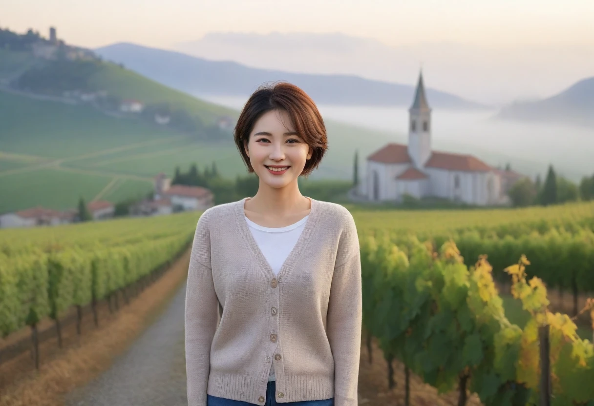 8k best picture quality, Beautiful 36-year-old Korean woman, Chest size 34 inches, Dawn in the early autumn countryside in northern Italy, View of the cathedral next to the vineyards, The back background is realistic and vivid quality., short medium hair, shirts and cardigans, Wear casual pants, Smile slightly. the background is clear, look up to the side., Looking at vineyards covered in thick fog from a hillside road