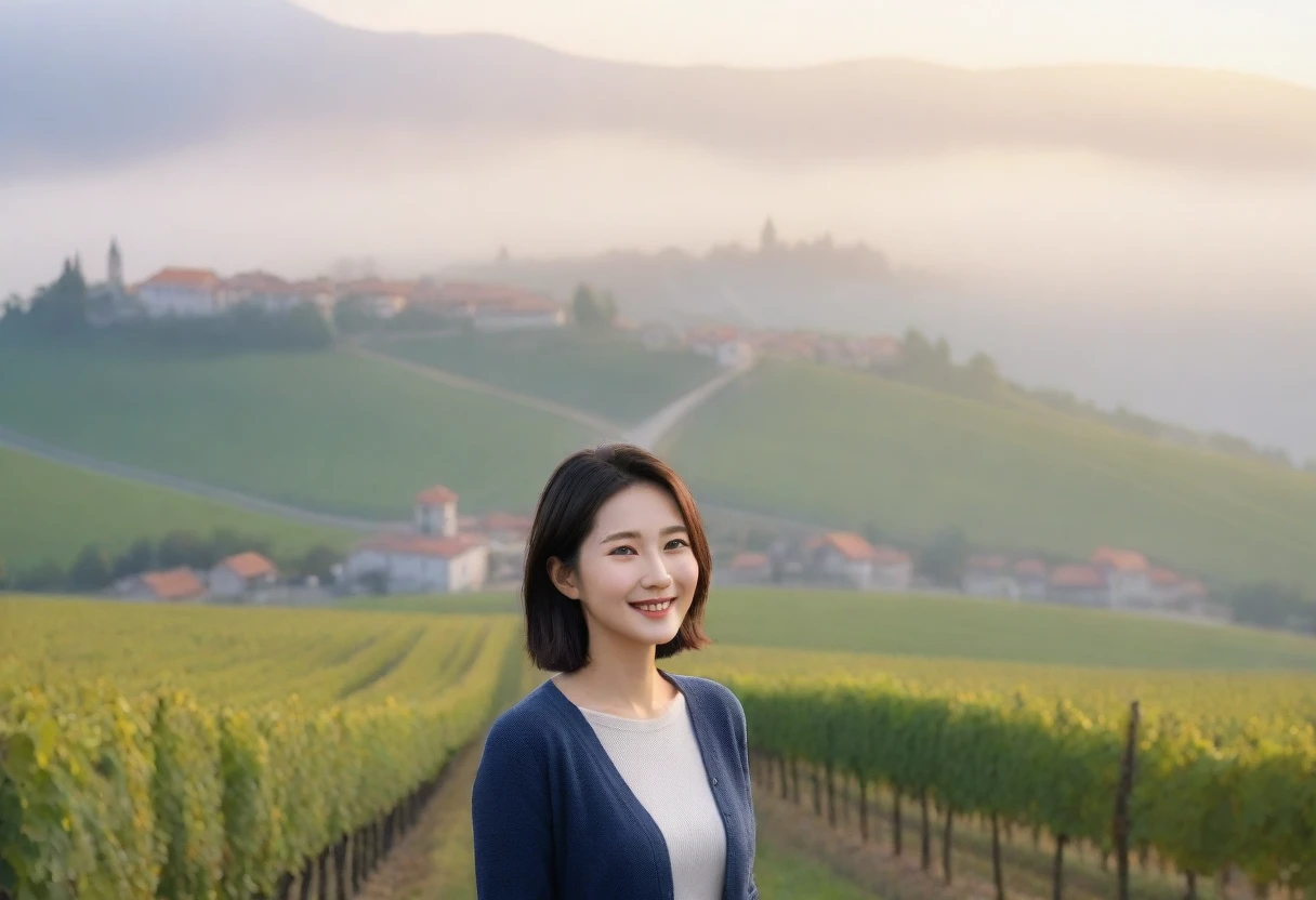 8k best picture quality, Beautiful 36-year-old Korean woman, Chest size 34 inches, Dawn in the early autumn countryside in northern Italy, View of the cathedral next to the vineyards, The back background is realistic and vivid quality., short medium hair, shirts and cardigans, Wear casual pants, Smile slightly. the background is clear, look up to the side., Looking at vineyards covered in thick fog from a hillside road