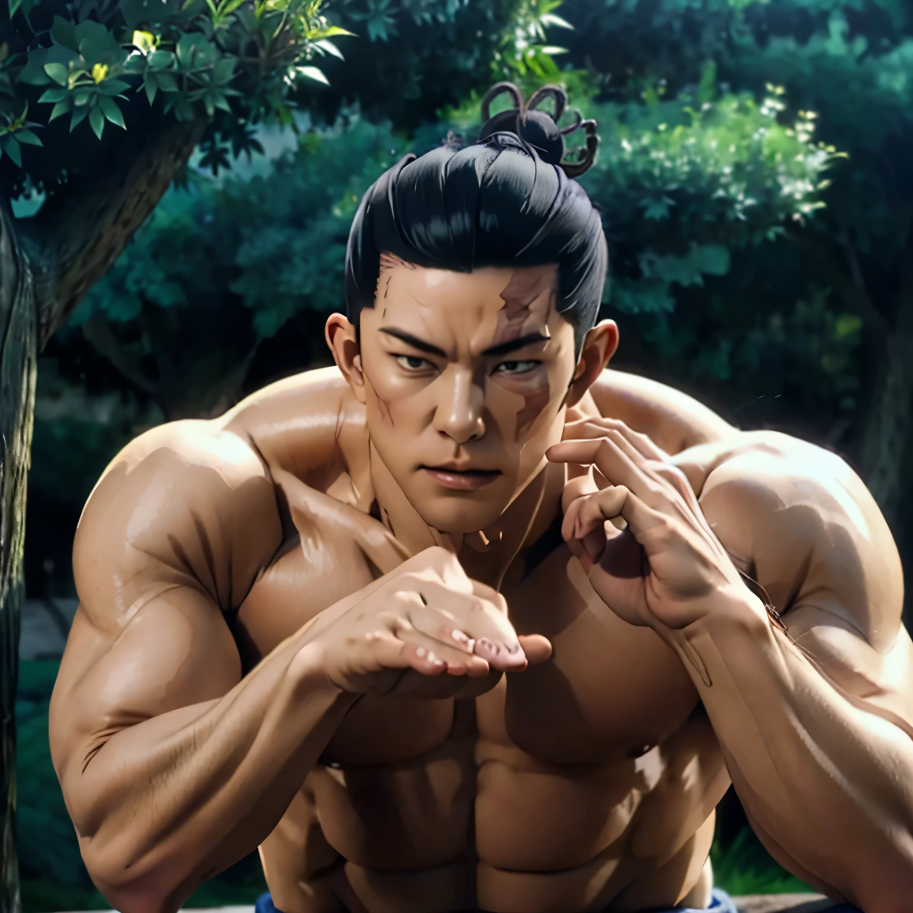 Masterpiece, Extremely Realistic, UHD, 8K, Extremely Detailed, depth of field, Detailed face, best photography, Jujutsu Kaishen, Aoi Todo Jujutsu Kaisen, man cosplay, High quality image, detailed hair texture, detailed skin texture, detailed cloth texture, add fabric details, ultra detailed skin texture, ultra detailed photo, skin pores, cloth details, high skin details, realistic hair details, muscle, scar on face