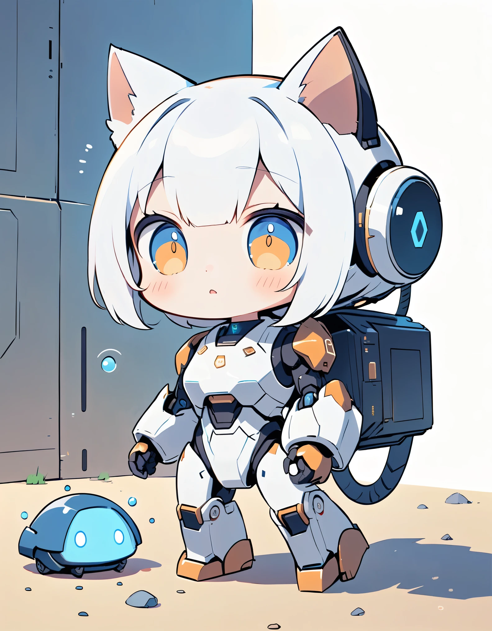 Fictional anime character illustration,Earless cat robot from the future,The robot helps the clumsy protagonist,The robot has a fourth-dimensional pocket,Blue and white body,Anime Style