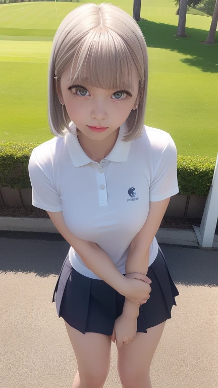 Golf Costumes、Polo shirt、Tight mini skirt with slit、Knee-high socks、Golf course、On the green、1 girl、Bob Hair、Silver Hair、Medium breast、Masterpiece 1.3、Raw photo、Highest quality、Detailed Background、