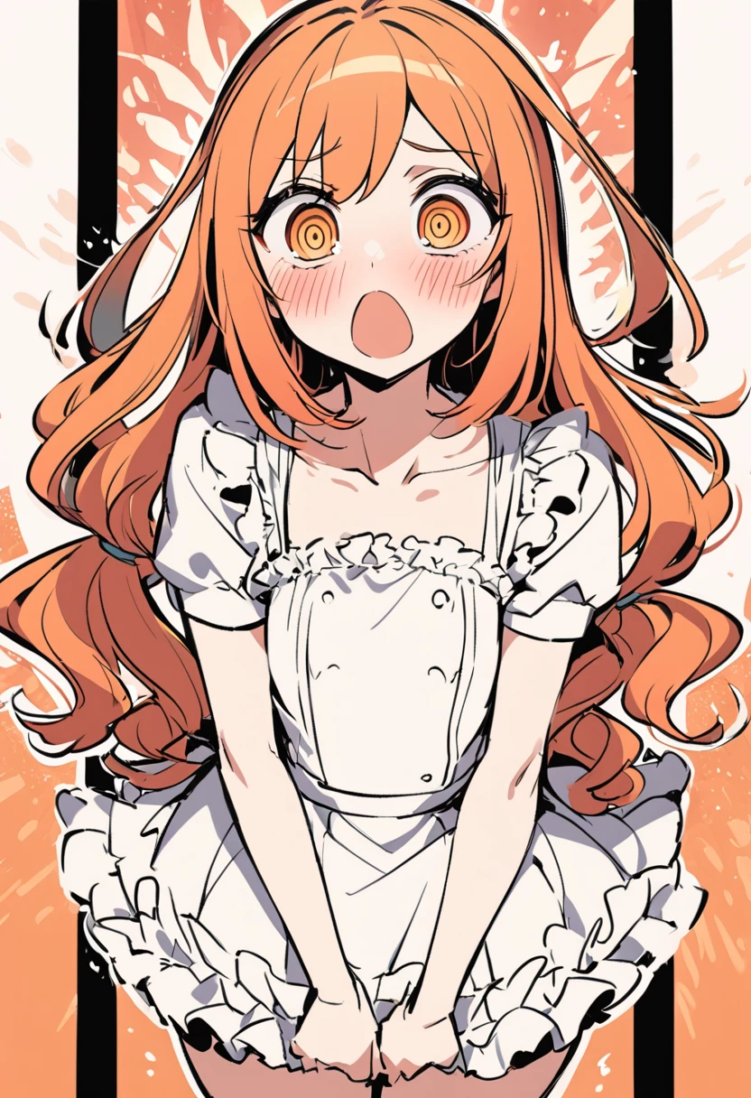 (Embarrassing), Redhead, Orange Hair, Wellie Art Style, One girl, blush, Upper Body, Highly detailed eyes, employment, clavicle, Ruffled Dress, Open your mouth