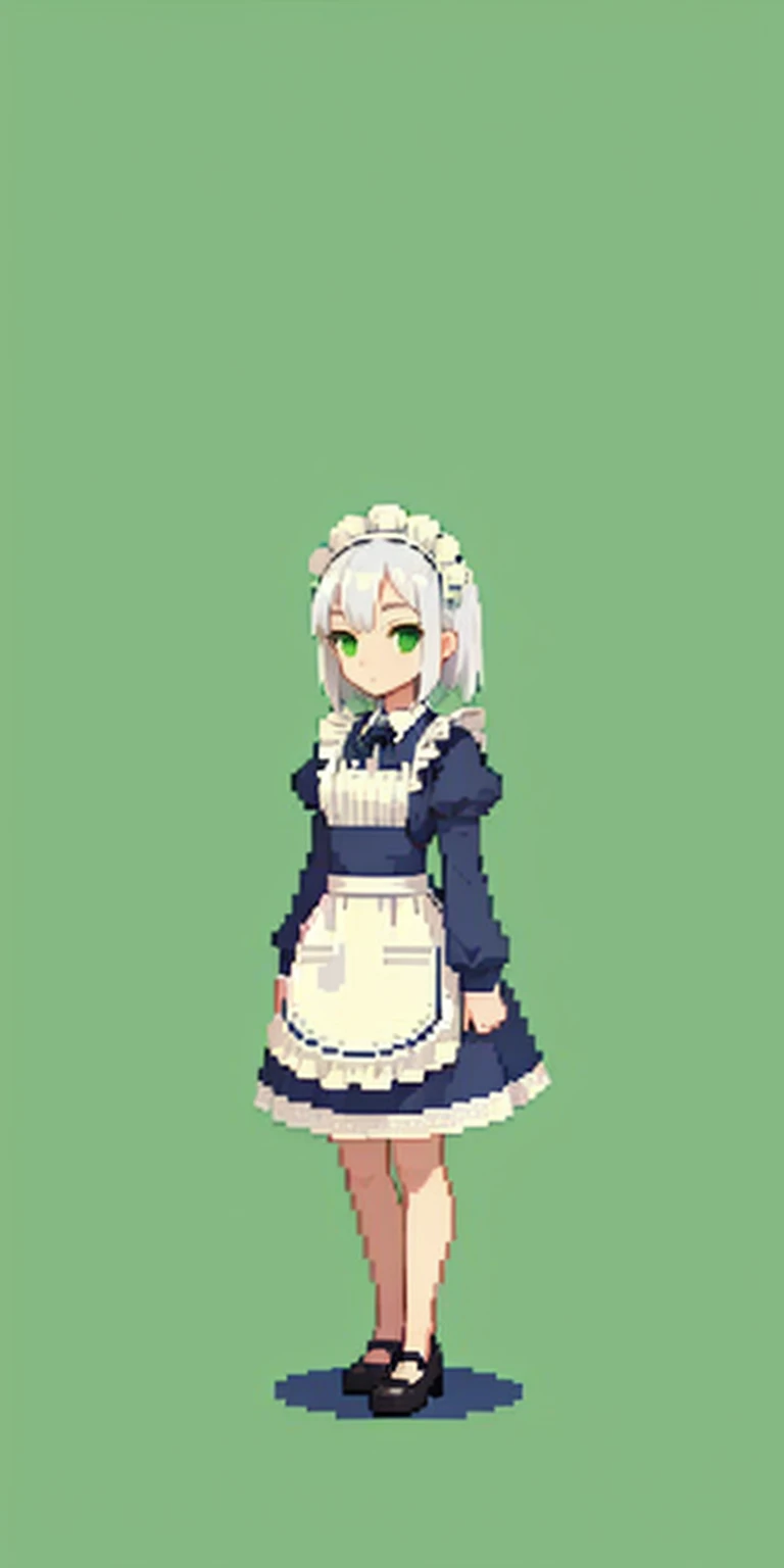 (masterpiece, top quality, best quality) pixel art, 1girl, full body, white hair, green eyes, blue maid dress