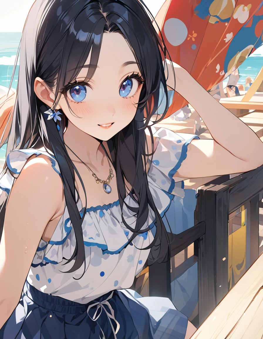 (Top quality illustrations:1.2), (pretty girl:1.1), (1 girl、、), (Kind eyes、blue eyes)、Black Hair、Semi-long hair、Summer fashion
